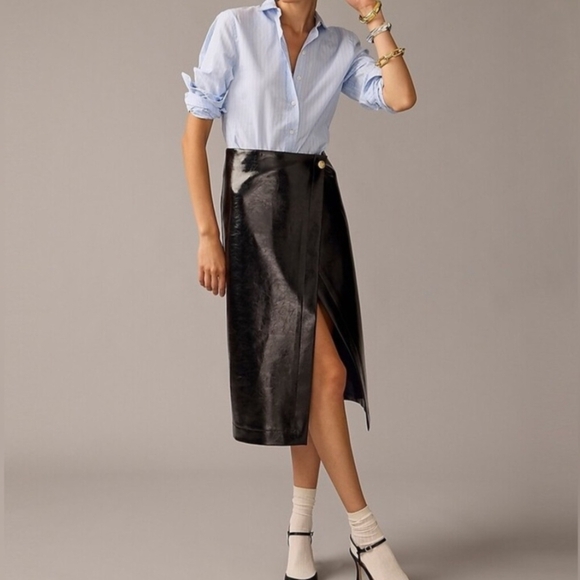 J.Crew Collection Black Wrap Skirt Faux Patent Leather Knee Length Size 6 - Picture 1 of 14